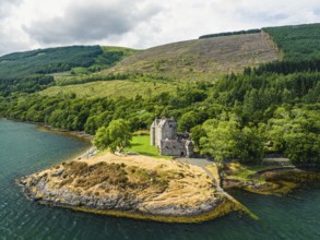 Dunderave Castle from a drone, Loch Fyne, Argyll, Scotland, UK