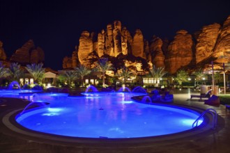 Shaden Resort by night, AlUla, Medina Province, Saudi Arabia, Arabian Peninsula, Asia