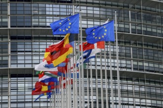 European flags in the wind in front of the European Parliament, Louise Weiss Building, Strasbourg,