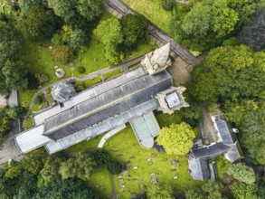 Top down over Llandaff Cathedral from a drone, Cardiff, Pembrokeshire, Wales, England, United