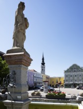 Market square with fountain, Obernberg am Inn, Innviertel, Upper Austria, Austria, Europe