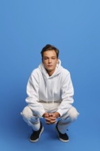 Attractive man wearing white sweatshirt and sweatpants is squatting over blue studio background