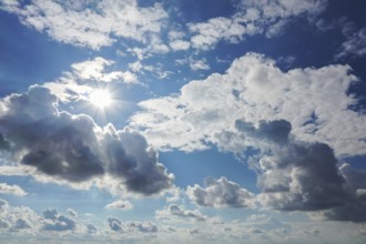 Aerial view, sun shining in the sky with clouds