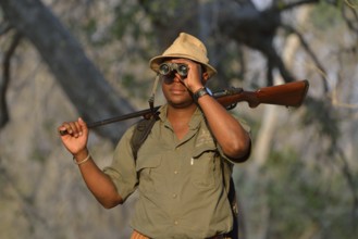 Guide with binoculars and rifle on a walking safari, Mana Pools National Park, Mashonaland West