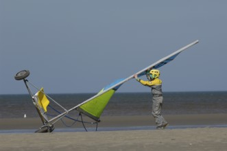 Shore sailing, sandyachting, land yachting on the beach of De Panne, Belgium, Europe