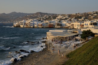 District Little Venice in the evening light, Chora or Mykonos Town, Mykonos, Cyclades, Greece,