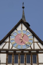 Clock at the lower gate, city gate, old town, Stein am Rhein, Canton Schaffhausen, Switzerland,