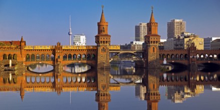 Oberbaum Bridge over the Spree with yellow underground and television tower,