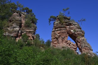 Hiker at the Schillerfelsen, red sandstone rocks on the Dahner Felsenpfad, Dahn, Südwestpfalz