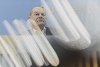 Olaf Scholz (SPD), Federal Chancellor, recorded at a federal press conference on current domestic