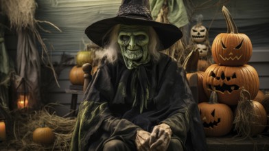 Ghostly scary old witch sitting amongst pumpkins and other halloween decorations, generative AI