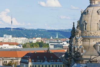 View from the Hausmannsturm to the east of Dresden, with the Church of Our Lady and the slopes of