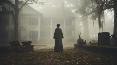 Eerie haunting ghostly female figure walking in front of a foggy southern plantation antebellum