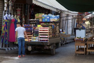 Cargo tricycle, stacked vegetable boxes, man, markets, open air, Palermo, capital, Sicily, Italy,