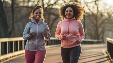 Happy african american female friends enjoying a healthy run in the park together. generative AI