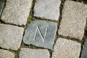 In front of the main entrance to the Hofkirche, a cobblestone is marked with an N. The cobblestone