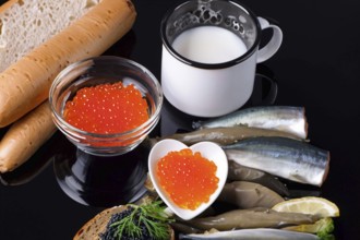 Different kinds of caviar with bread and beverages, AI generated