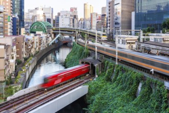 Local transport in Tokyo with trains of the metro and railways of Japan Rail JR in Tokyo, Japan,