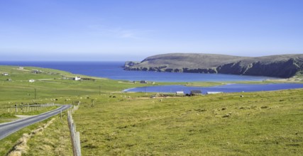 The fresh water loch Papil Water, Tresta Beach and Lamb Hoga peninsula on the island Fetlar,