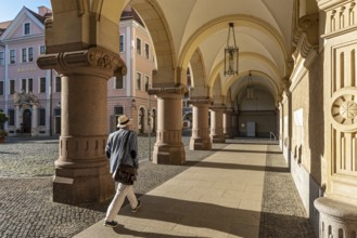 Arcade of New Town Hall building, Lower Market Square, Untermarkt, Görlitz, Goerlitz, Germany,