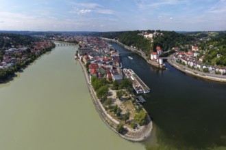 Left Inn city and Inn, centre three river corner, right Danube, further back Ilz, Veste Oberhaus,