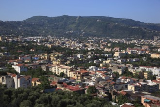 View over the bay of Penisola Sorrentina with the towns of Meta (front) and Sorrento, Campania,