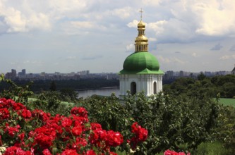 Church tower with green and golden dome, part of the Kiev Cave Monastery, Holy Mary Ascension