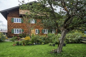 Old farmhouse clad with shingles, Oberstdorf, Oberallgäu, Allgäu, Swabia, Bavaria, Germany, Europe