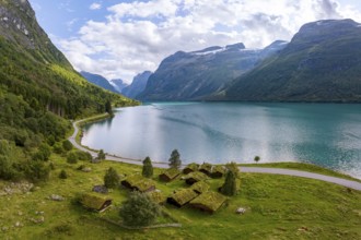 Traditional cabins on the shores of Lake Lovatnet, Breng seter, Loen, Stryn, Norway, Europe