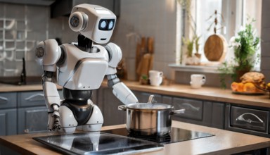 A humanoid robot cooks on an electric cooker, AI generates