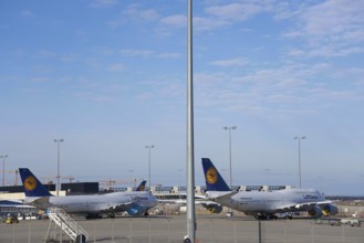 Airport during the corona crisis parked Lufthansa boeing 747, Frankfurt am Main, Hesse, Germany,