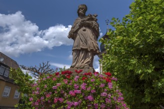 Market fountain with the figure of Saint Nepomuk, Eltmann, Lower Franconia, Bavaria, Germany,