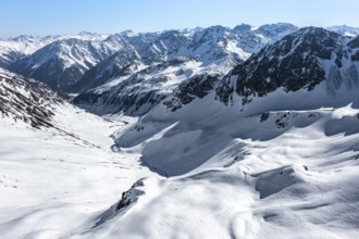 Aerial view, mountain valley with snow, mountains in winter, Sellraintal, Kühtai, Tyrol, Austria,