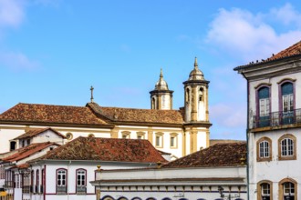 Roof, towers and windows of historic houses and churches in the city of Ouro Preto in Minas Gerais