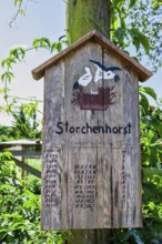 Plaque at stork eyrie, Werben Elbe, Saxony-Anhalt, Germany, Europe