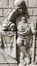 Sculpture, crypt arcades, grave counters in the arcade of St. Sebastian's Cemetery, Church of St.