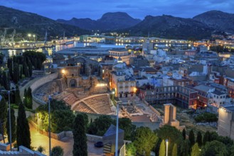 Teatro Romano, blue hour, Roman amphitheater, in the old town of Cartagena, Murcia region, Spain,