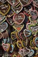 Gingerbread hearts at a stall, Oktoberfest, Munich, Upper Bavaria, Bavaria, Germany, Europe