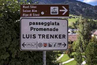 Sign Luis Trenker Promenade, Walking Path, Ortisei, Val Gardena, South Tyrol, Italy, Europe