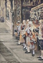 In the palazzo barberini in Florence, Italy, Men waiting for the Archduke, 1880, Historic,