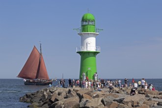 Sailing ship, pier light, Unterwarnow, Hanse Sail, Warnemünde, Rostock, Mecklenburg-Western