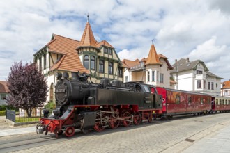 Molli steam train, city centre, villas, Bad Doberan, Mecklenburg-Western Pomerania, Germany, Europe