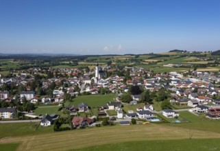 Drone shot, panorama shot, agricultural landscape, Sankt Georgen im Attergau, Salzkammergut,