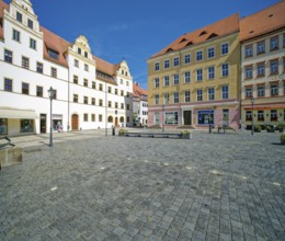 Market square with town houses and Mohren pharmacy, Torgau, Saxony, Germany, Europe