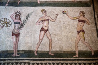 Floor mosaic of three women in bikini, Hall of the Bikini Girls, Villa Romana del Casale, Roman