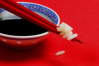 Rice grains on chopsticks, bowl with soy sauce, chopsticks, rice