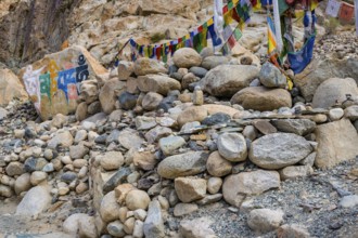 Mani stones with the engraved Tibetan mantra Om Mani Padme Hum, Nubra Valley, Ladakh, Jammu and