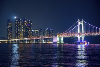 Gwangan Bridge and skyscrapers illuminated in the night. Busan, South Korea, Asia