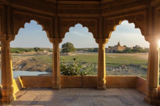 Decorated pavillion at Amar Sagar lake, Jaisalmer, Rajasthan, India, Asia