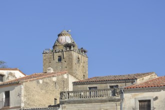 Roofs and tower Torre del Alfiler built 16th century, market square, Trujillo, Extremadura, Spain,